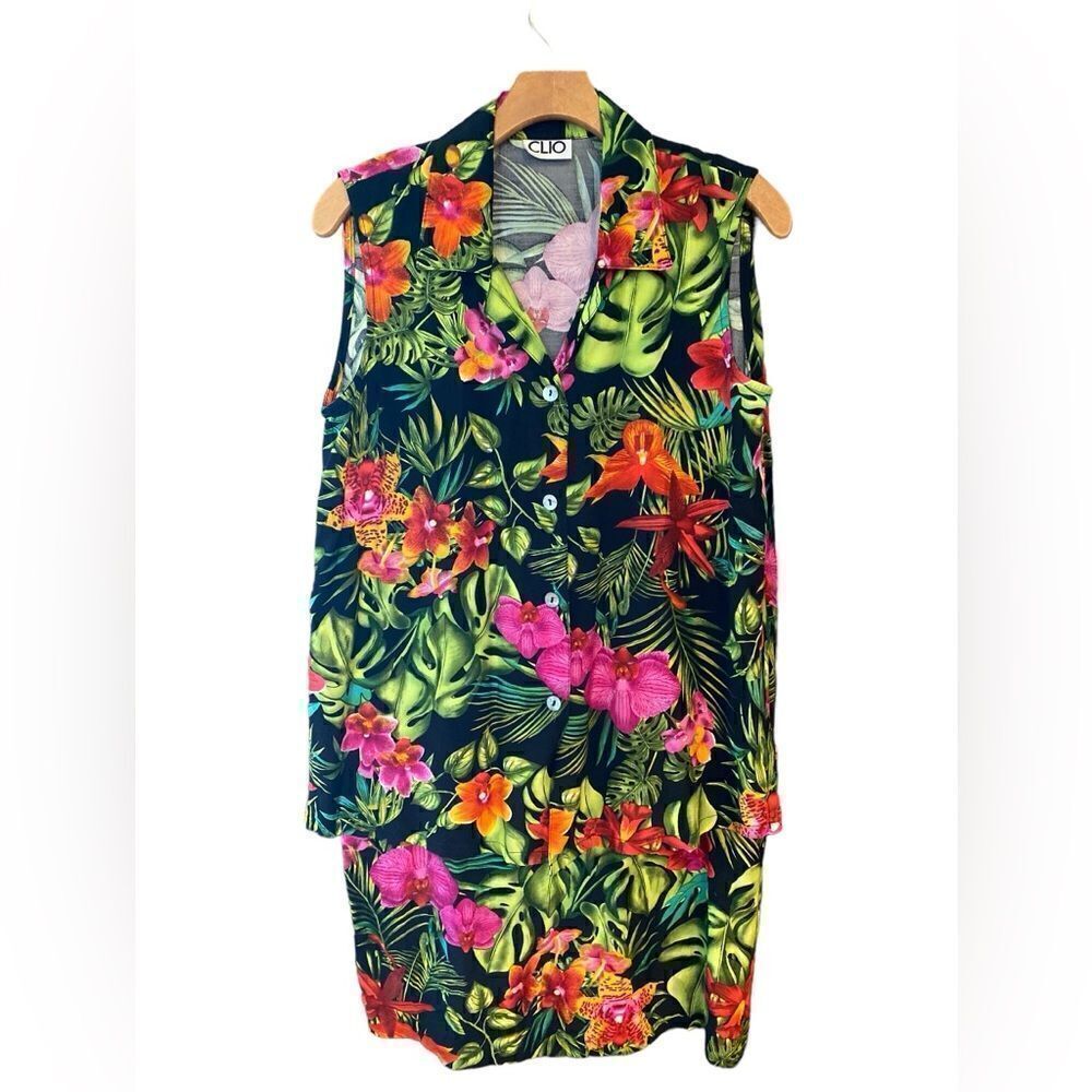Clio Sz 10 Vintage Black Vibrant Orchid Tropical Button Top Pencil Skirt Set